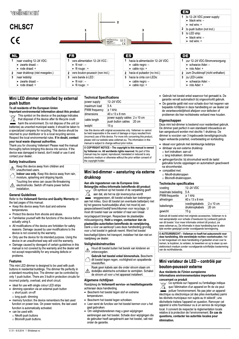 Page 1 de la notice Manuel utilisateur Velleman CHLSC7