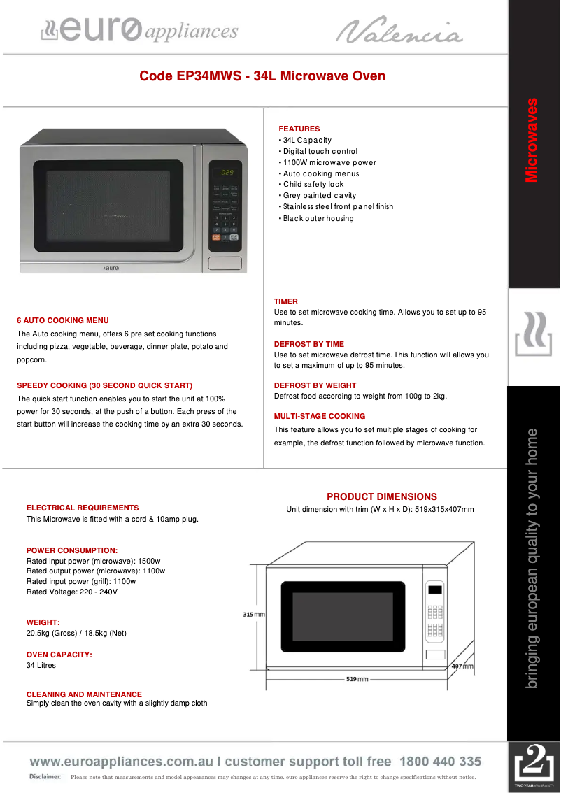Page 1 de la notice Fiche technique Euro Appliances EP34MWS