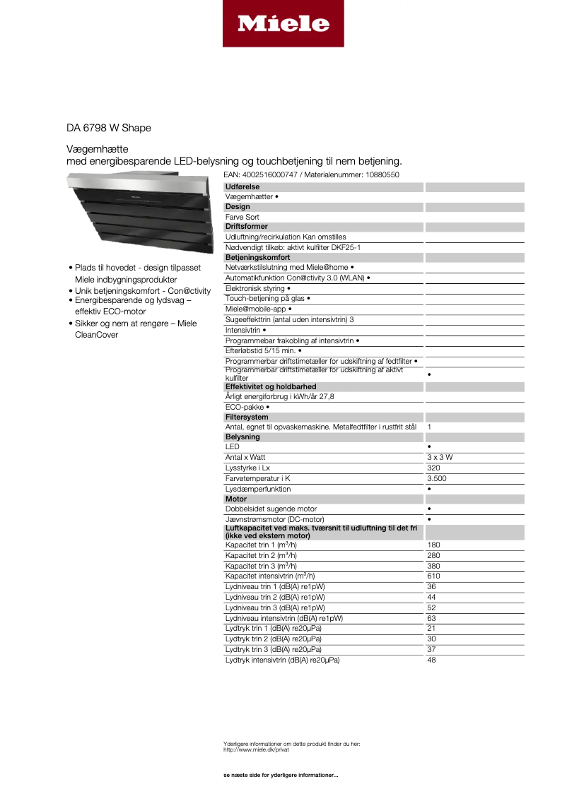 Página 1 del manual Ficha técnica Miele DA 6798 W Shape