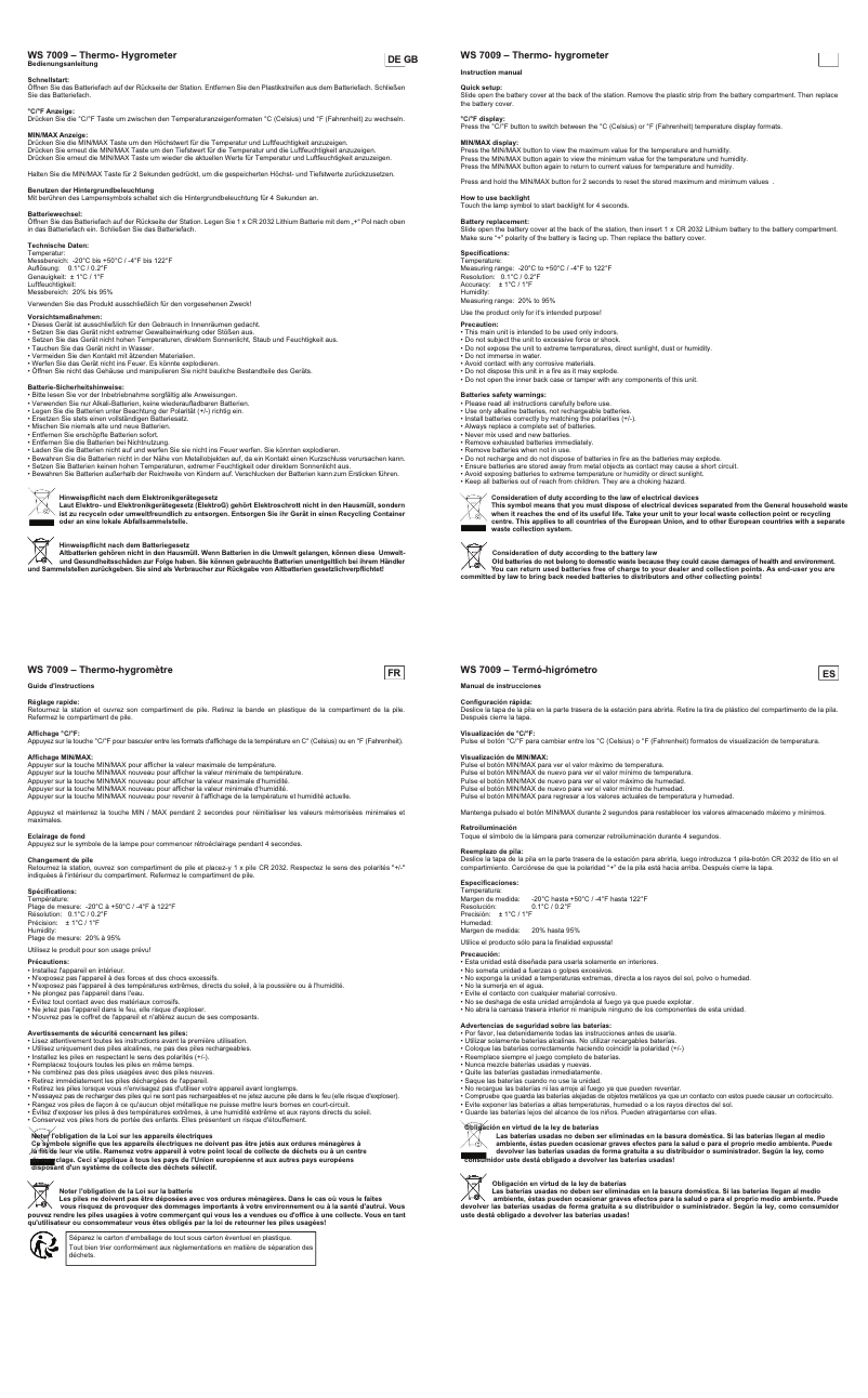 Page 1 de la notice Manuel utilisateur Techno Line WS 7009