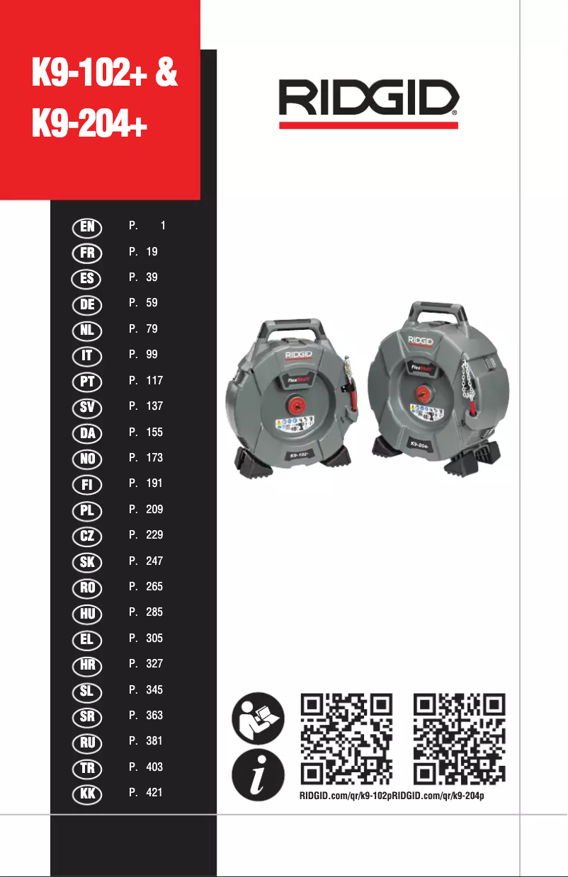 Page 1 de la notice Manuel utilisateur Ridgid FlexShaft K9-204+