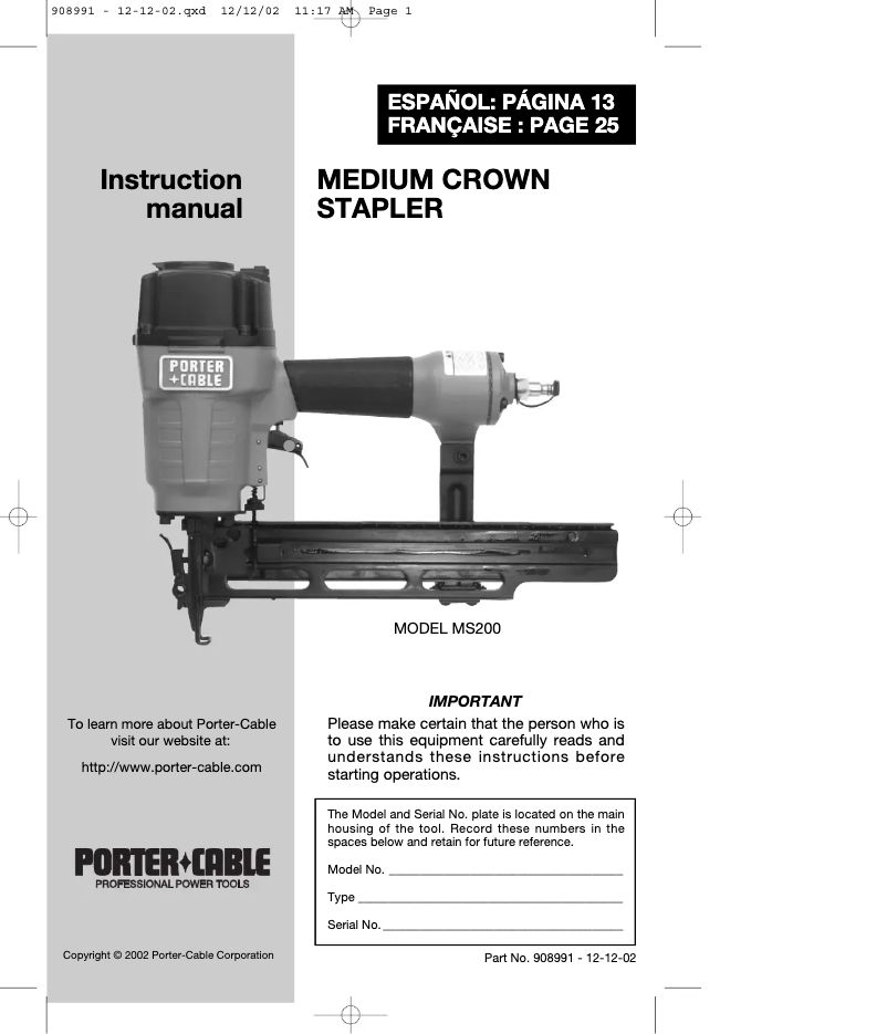 Page 1 of the manual User Manual Porter-Cable MS200