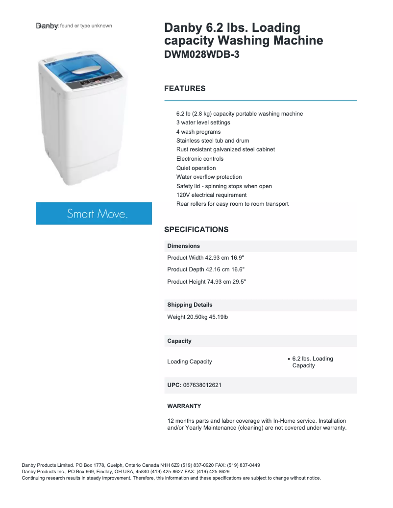 Page 1 de la notice Fiche technique Danby DWM028DB-3