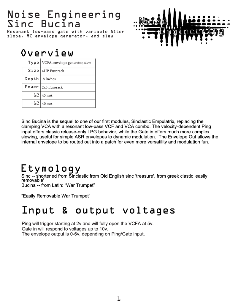 Page 1 de la notice Manuel utilisateur Noise Engineering Sinc Bucina