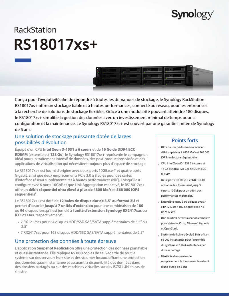 Page 1 de la notice Fiche technique Synology RackStation RS18017xs+