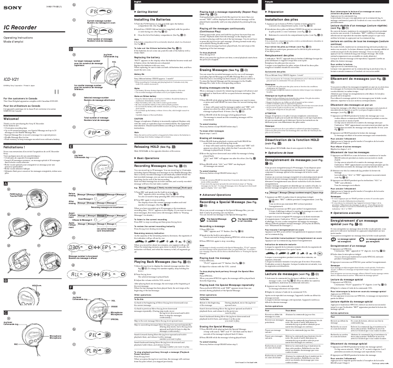 Page 1 de la notice Manuel utilisateur Sony ICD-V21