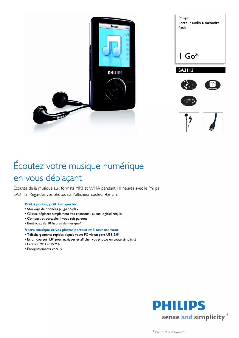 Page 1 of the manual Technical Sheet Philips SA3113