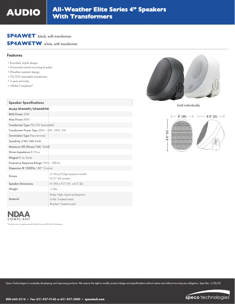Page 1 de la notice Fiche technique Speco Technologies SP4AWET
