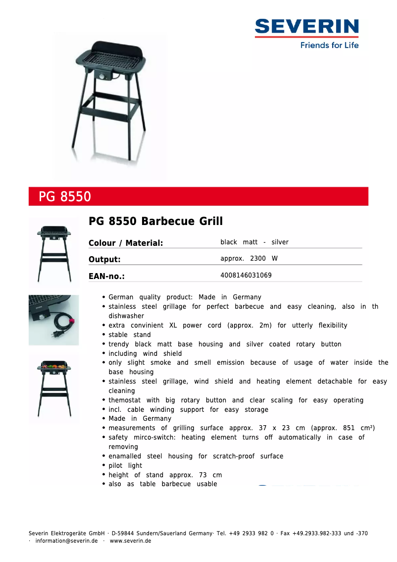 Page 1 de la notice Fiche technique Severin PG 8550