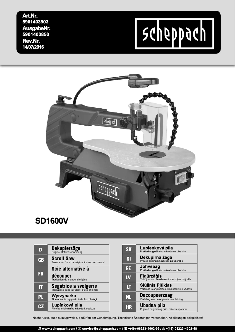 Page 1 of the manual User Manual Scheppach SD1600V