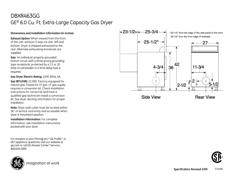 Página 1 del manual Ficha técnica GE DBXR463GGWW