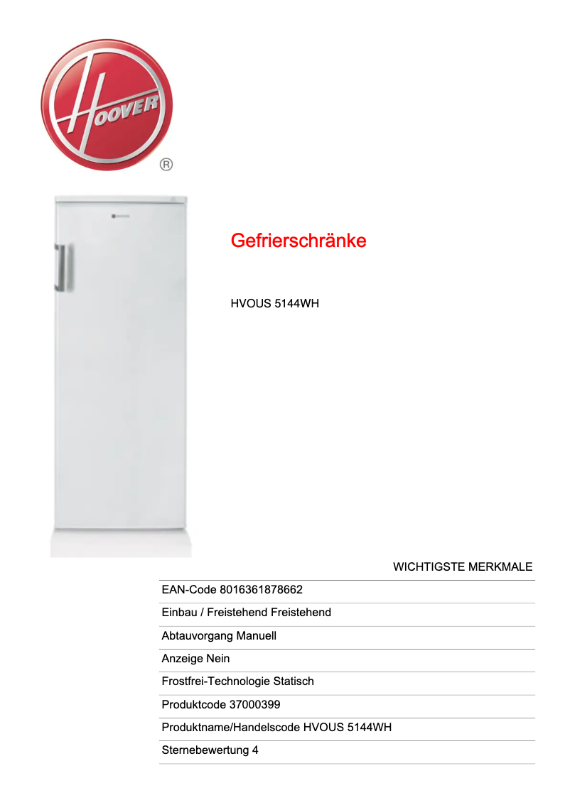 Page 1 de la notice Fiche technique Hoover HVOUS 5144 WH