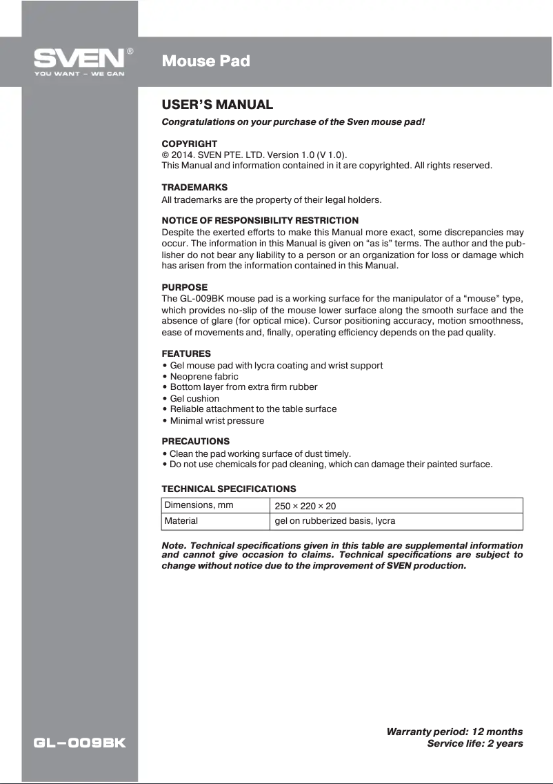 Page 1 de la notice Manuel utilisateur Sven GL-009BK