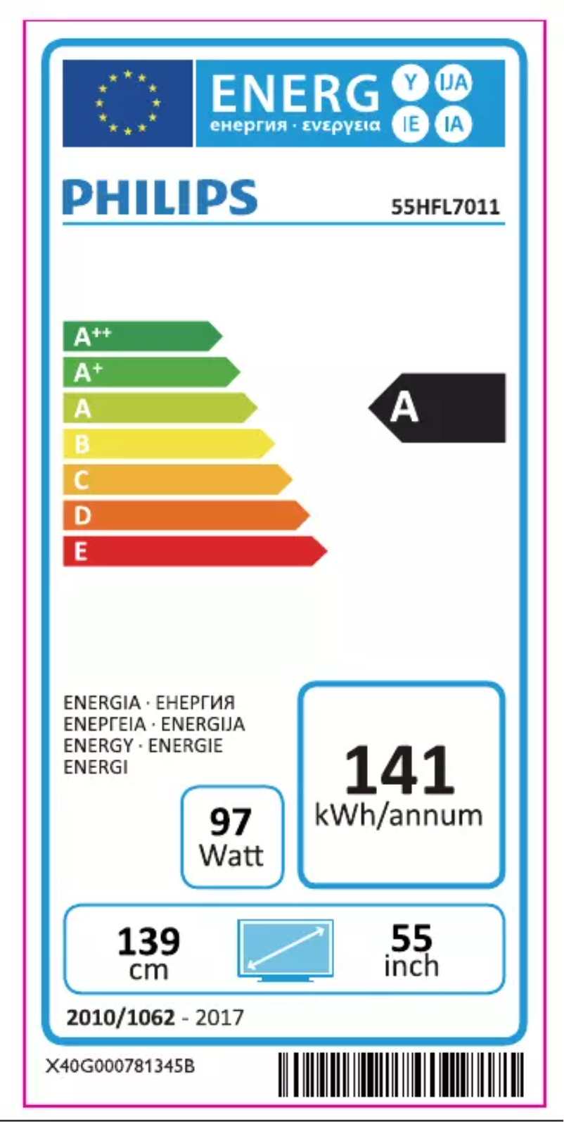 Page n°1 - Label énergétique Philips 55HFL7011T
