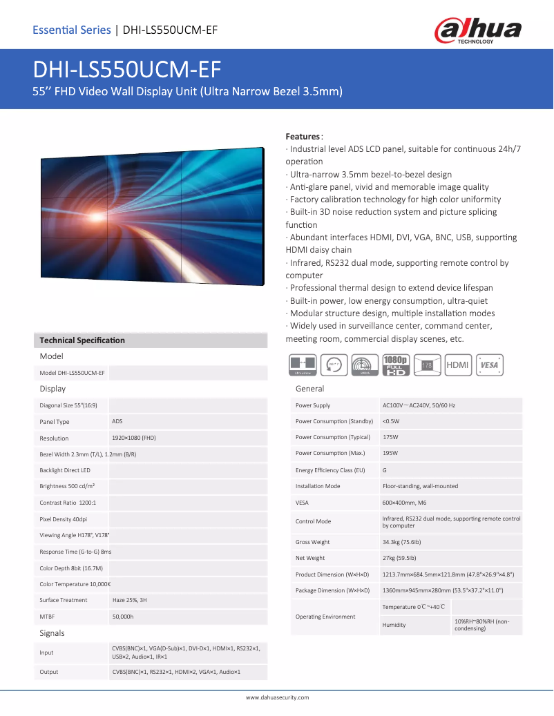 Page 1 de la notice Fiche technique Dahua Technology LS550UCM-EF