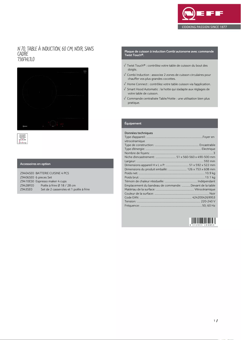 Page 1 de la notice Fiche technique Neff T56FHL1L0