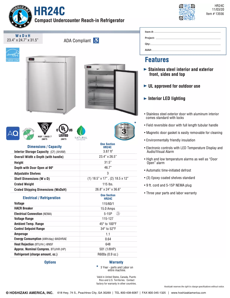 Page 1 de la notice Fiche technique Hoshizaki Commercial HR24A