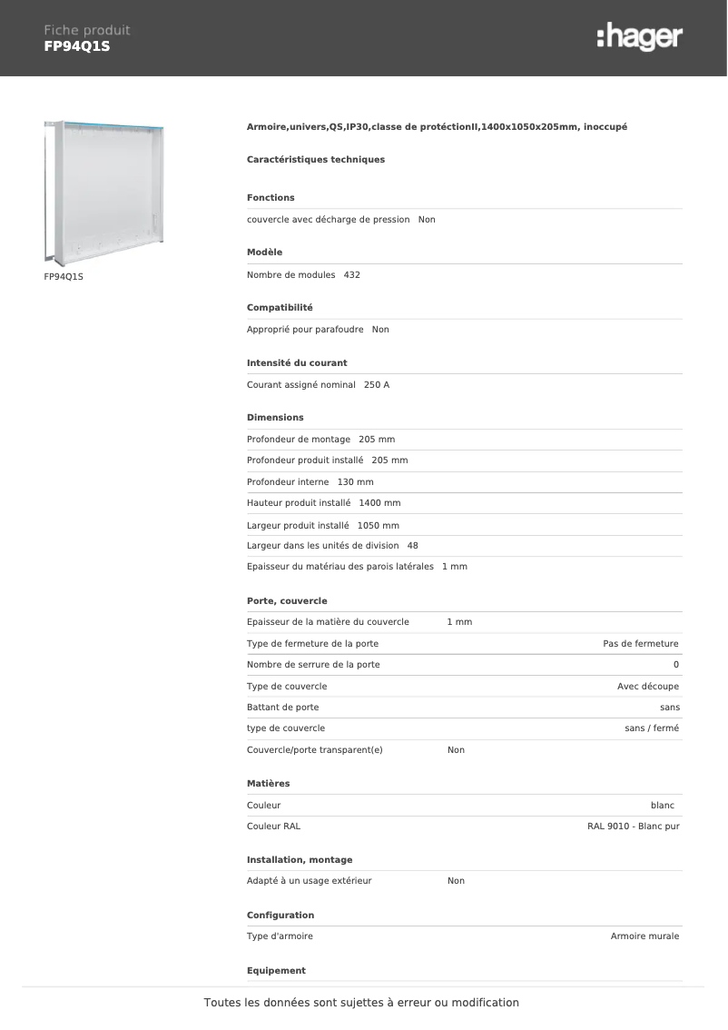 Page 1 de la notice Manuel utilisateur Hager FP94Q1S