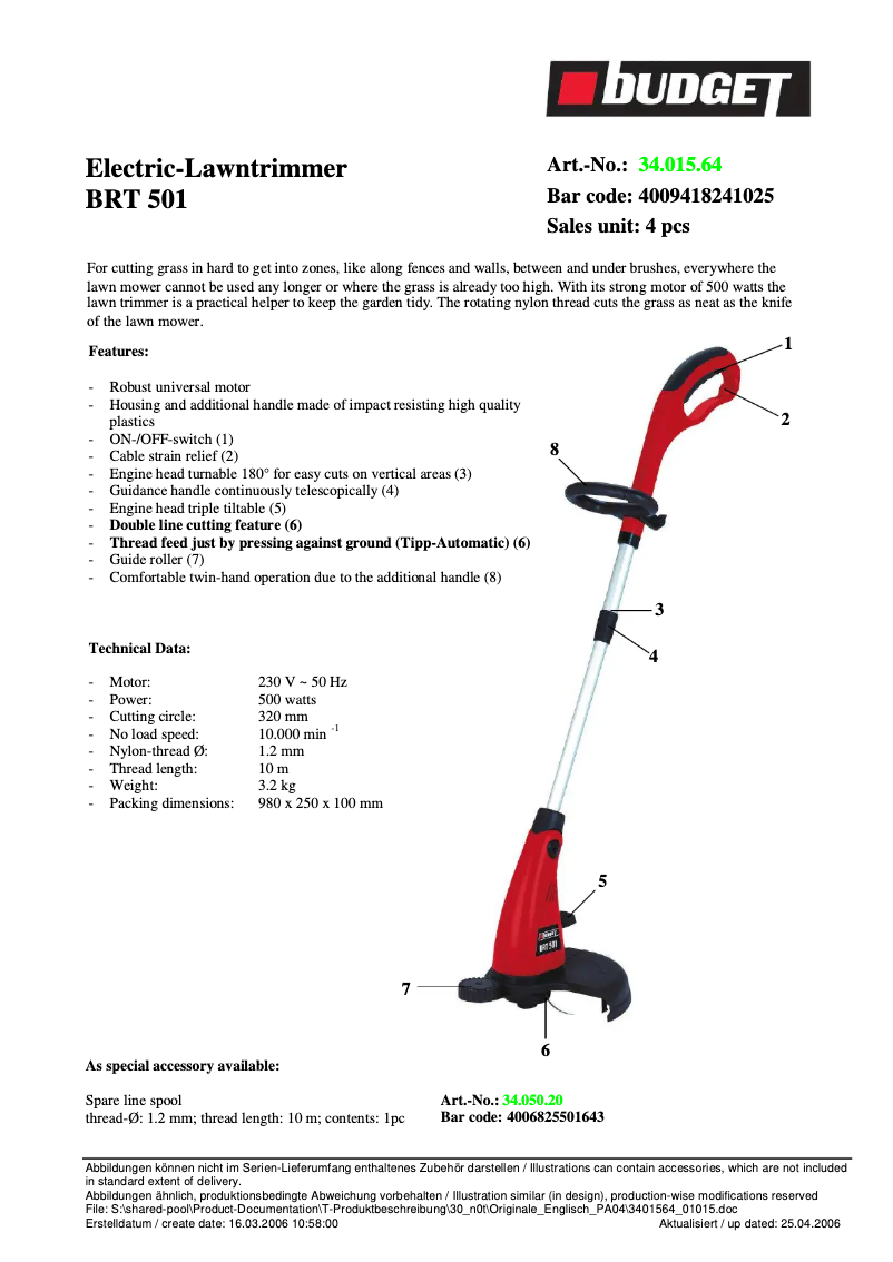 Page 1 de la notice Fiche technique Budget BRT 501