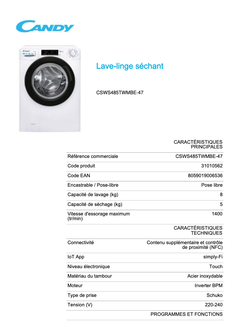 Página 1 del manual Ficha técnica Candy CSWS485TWMBE-47