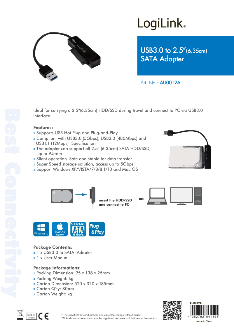 Page 1 de la notice Manuel utilisateur LogiLink AU0012A