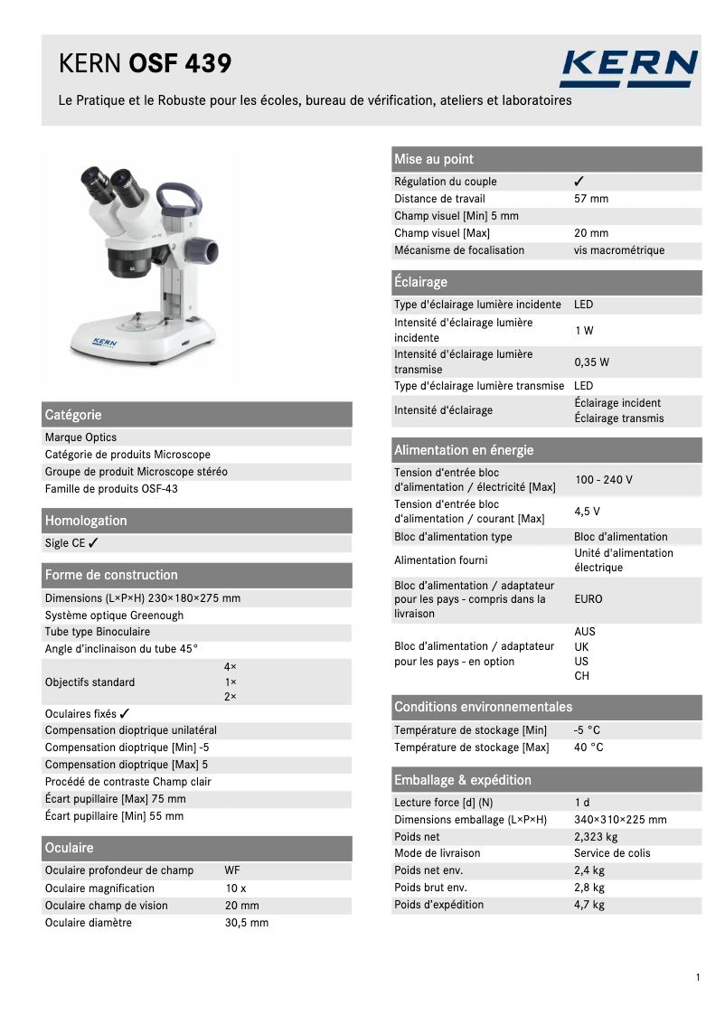 Page 1 de la notice Fiche technique Kern OSF 439