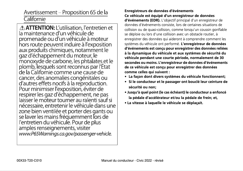 Page 1 de la notice Manuel utilisateur Honda Civic (2022)