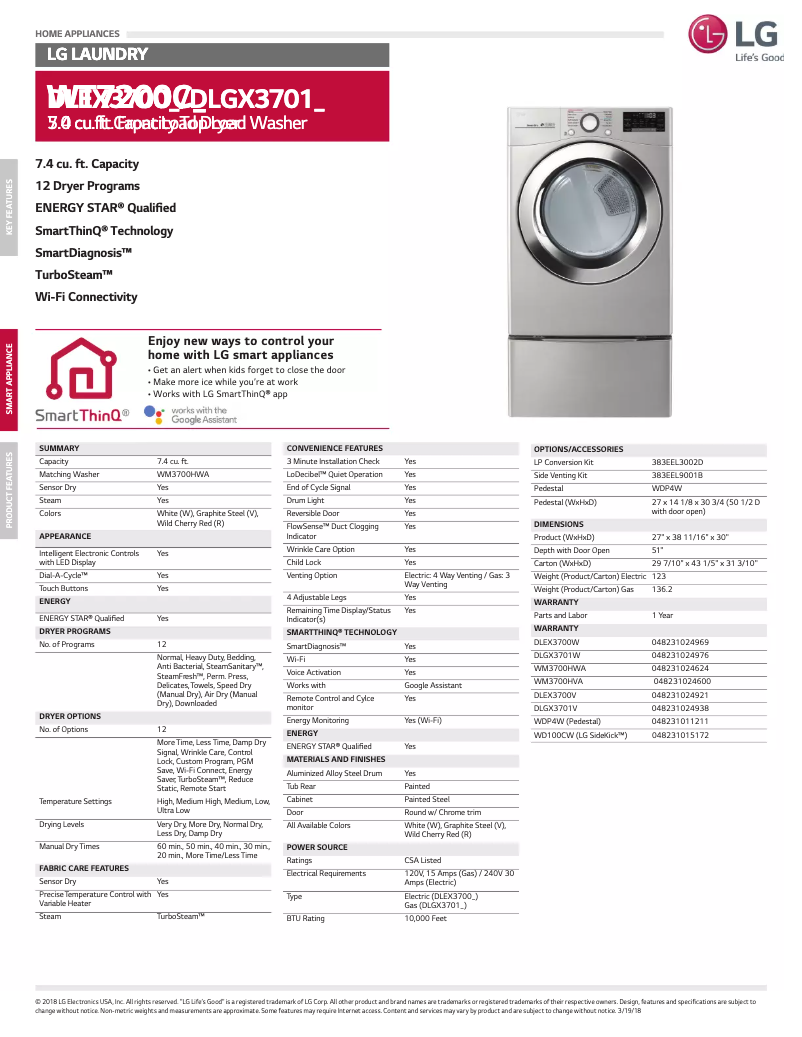 Page 1 of the manual Technical Sheet LG DLEX3700W