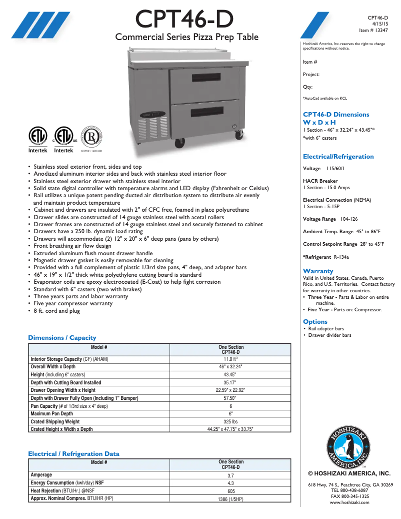 Page 1 de la notice Fiche technique Hoshizaki CPT46-D