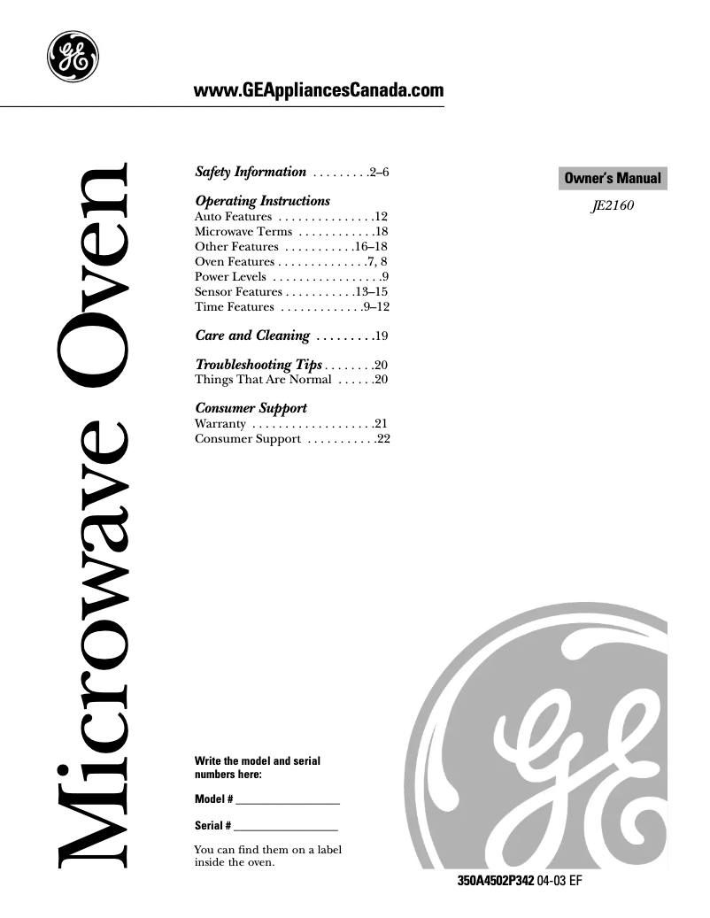 Page 1 de la notice Manuel utilisateur GE JE2160SFC