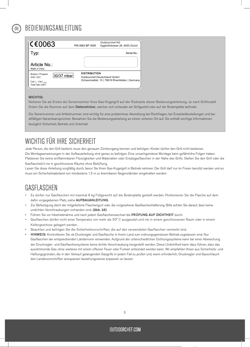 Page 1 of the manual User Manual Outdoor Chef Ascona 570