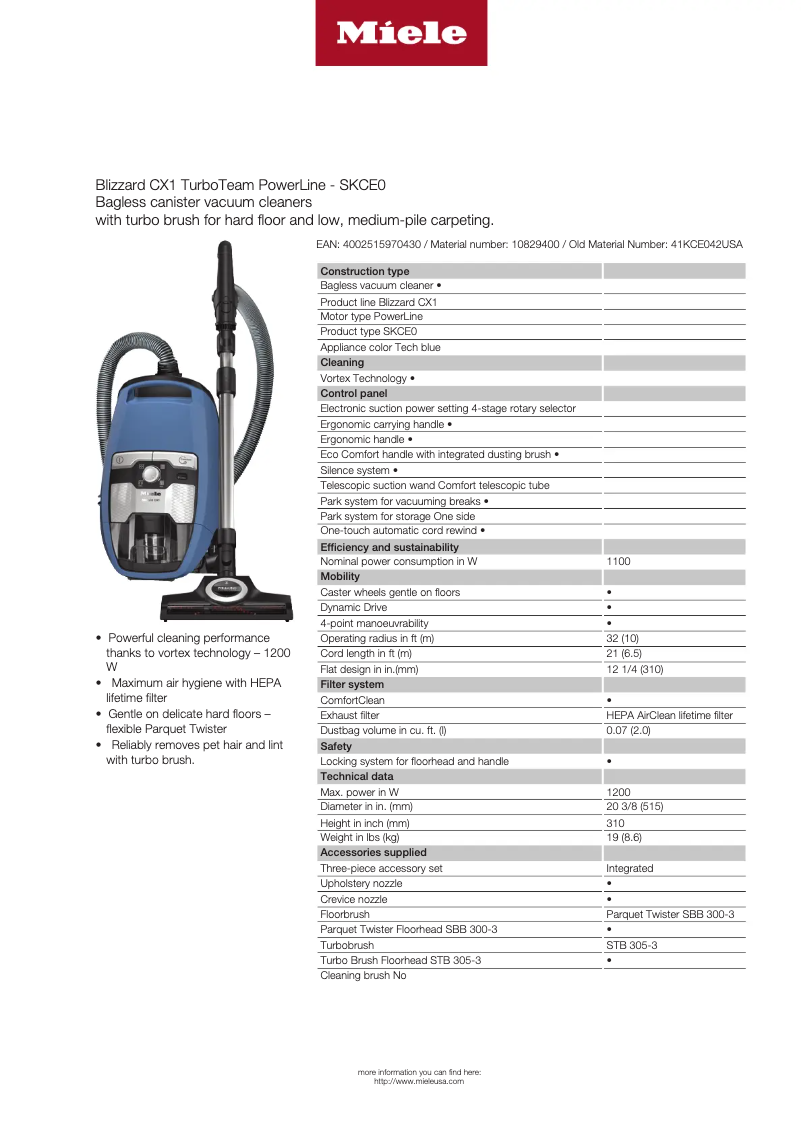 Página 1 del manual Ficha técnica Miele Blizzard CX1 TurboTeam