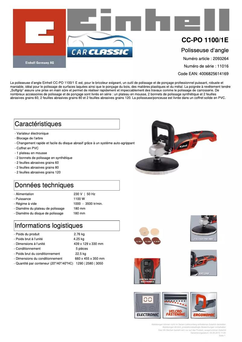 Page 1 de la notice Fiche technique Einhell CC-PO 1100/1E