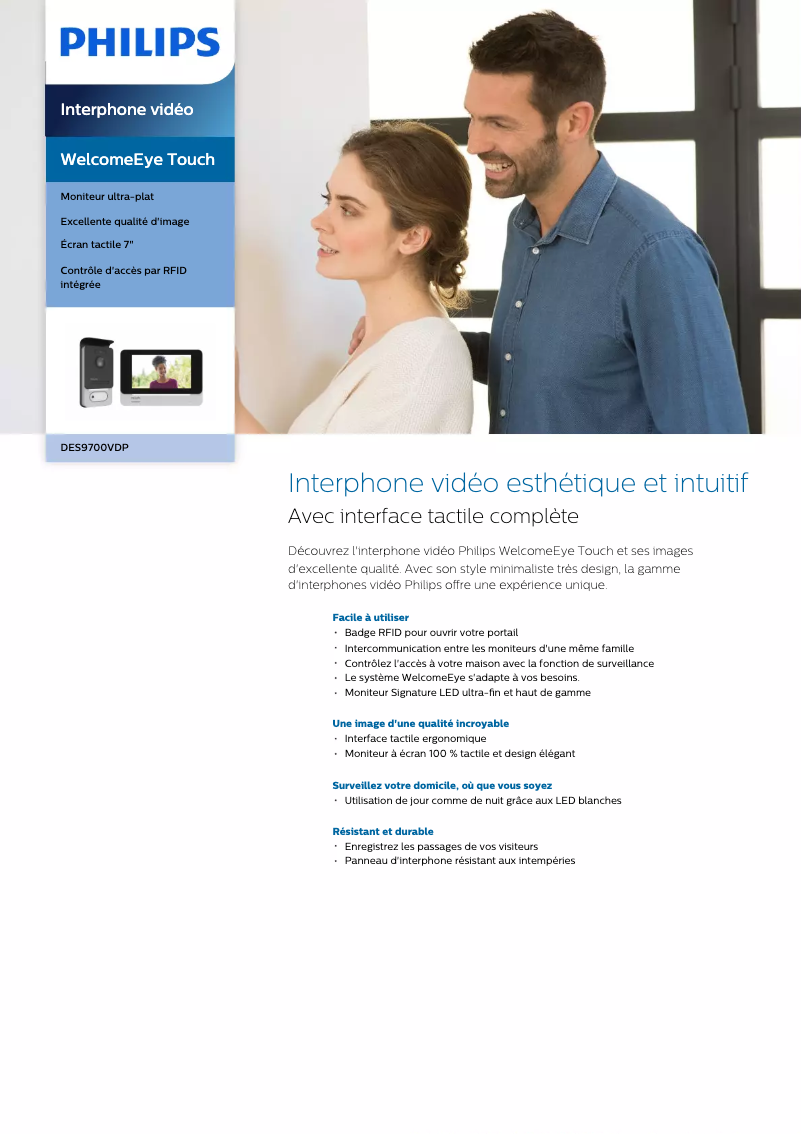 Page 1 de la notice Fiche technique Philips Welcomeeye Touch DES9700VDP