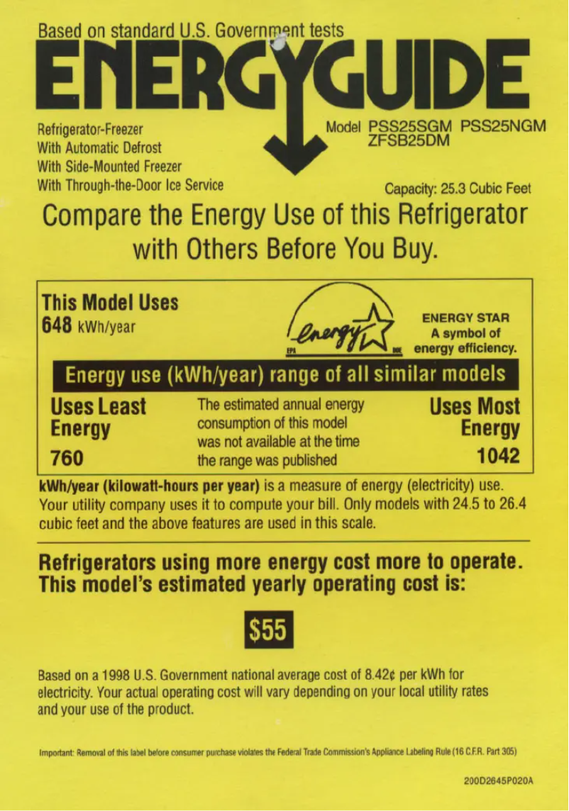 Page 1 de la notice Label énergétique GE PSS25NGMWW