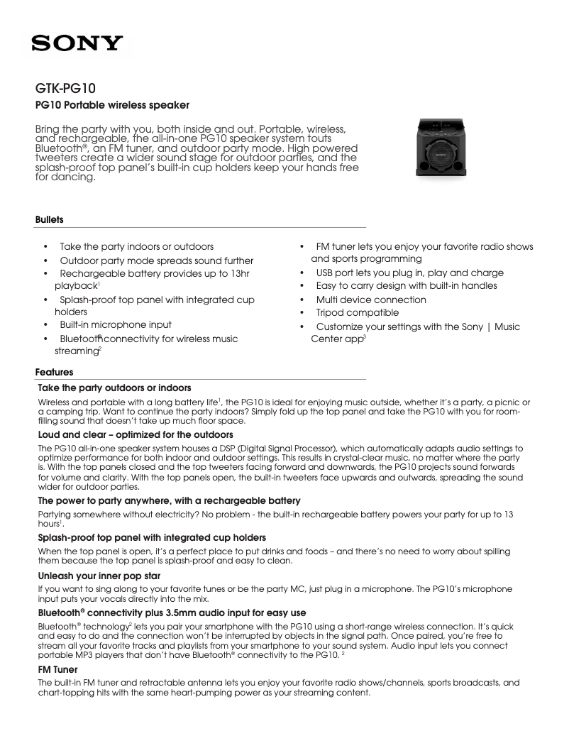 Page 1 de la notice Fiche technique Sony GTK-PG10
