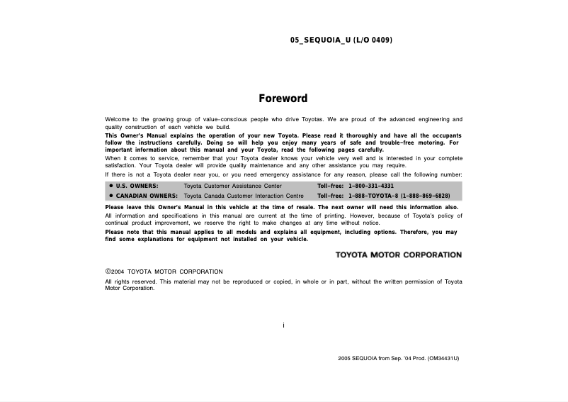 Page 1 de la notice Manuel utilisateur Toyota Sequoia (2005)