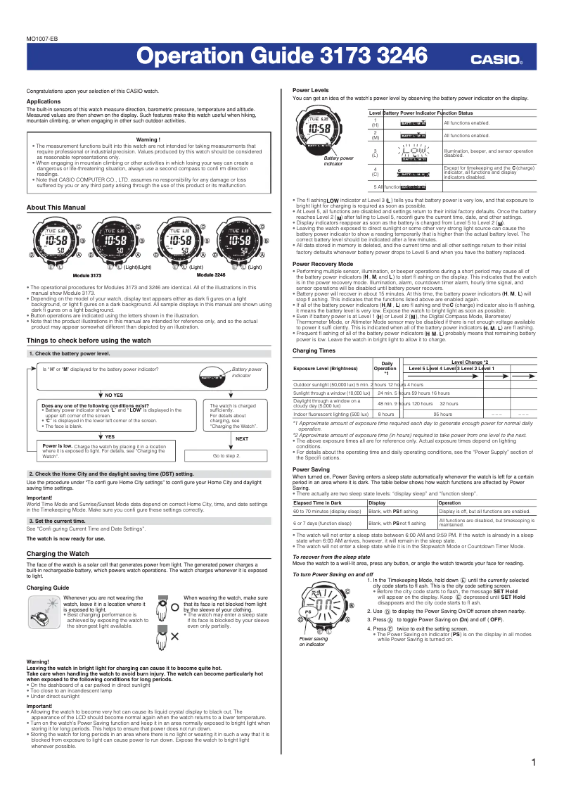 Page 1 de la notice Manuel utilisateur Casio Pro Trek PRG-240T-7ER