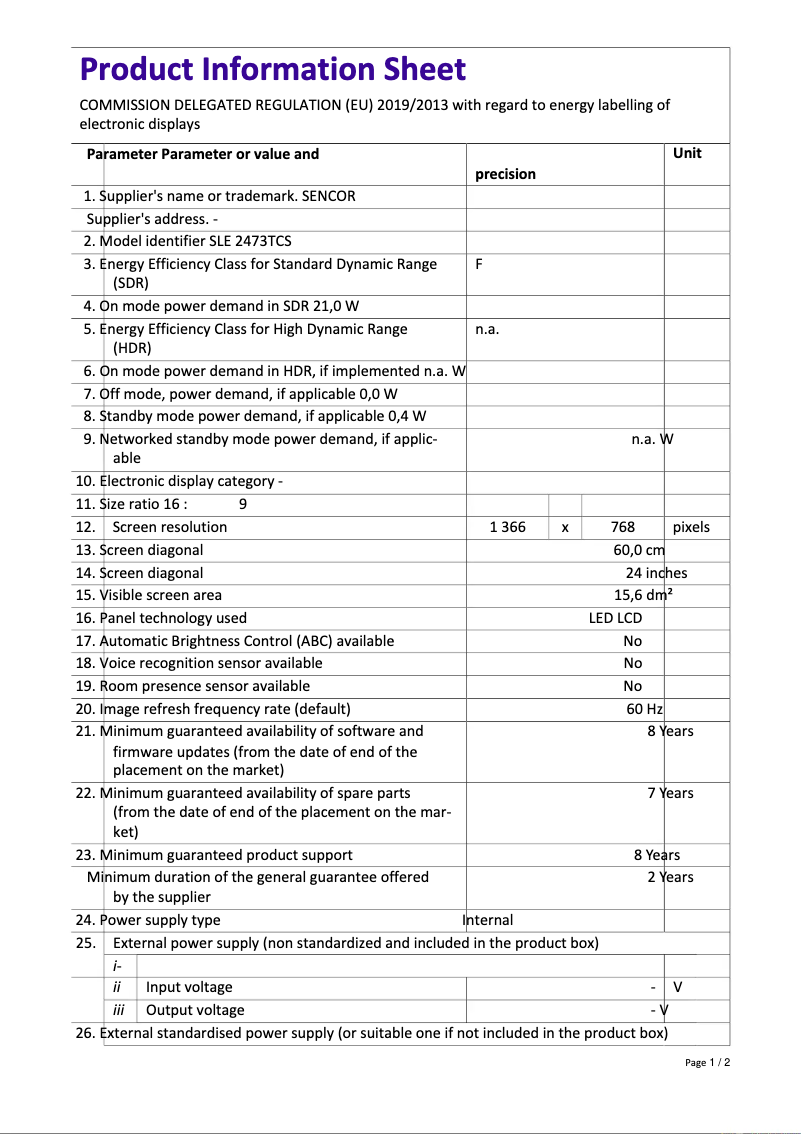 Página 1 del manual Ficha técnica Sencor SLE 2473TCS