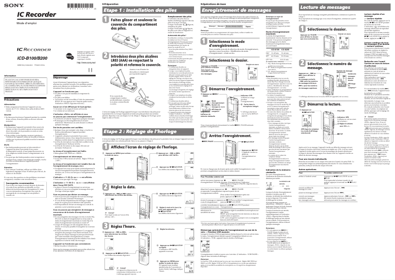Page 1 de la notice Manuel utilisateur Sony ICD-B100