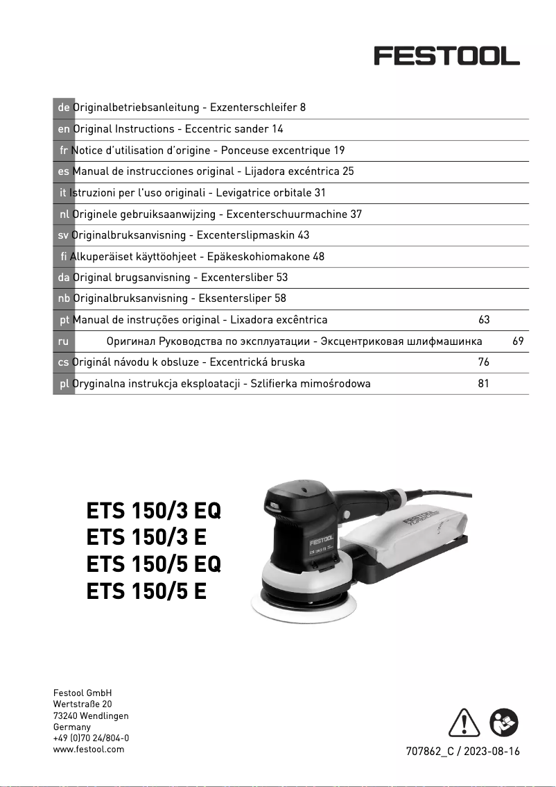 Page 1 de la notice Manuel utilisateur Festool ETS 150/3 EQ-Plus