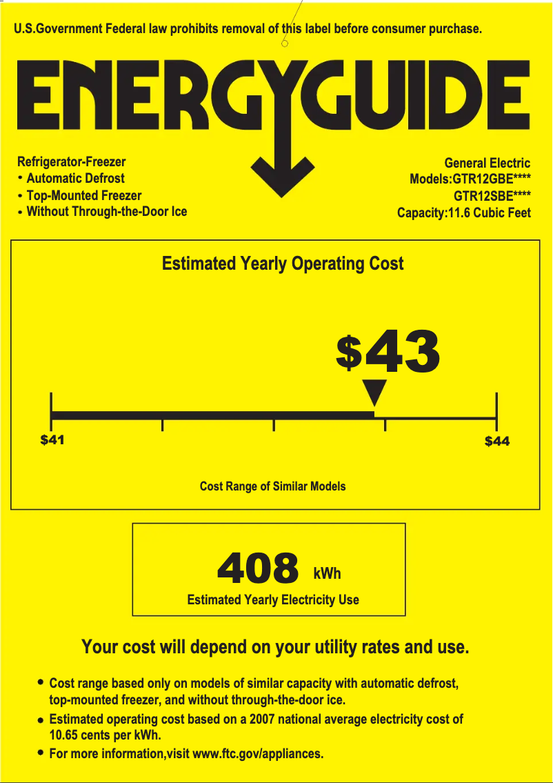 Page 1 of the manual Energy Label GE GTR12GBEWW