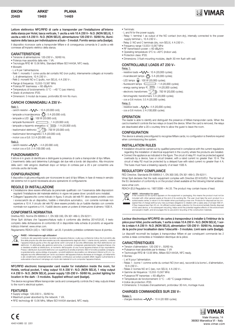 Page 1 de la notice Manuel utilisateur Vimar 20469