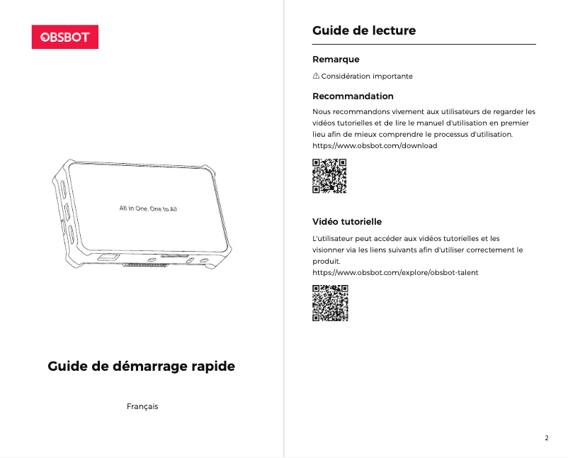 Page 1 de la notice Guide de démarrage rapide OBSBOT Talent
