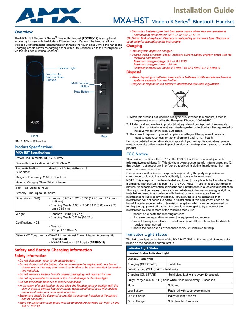Page 1 de la notice Manuel utilisateur AMX MXA-HST