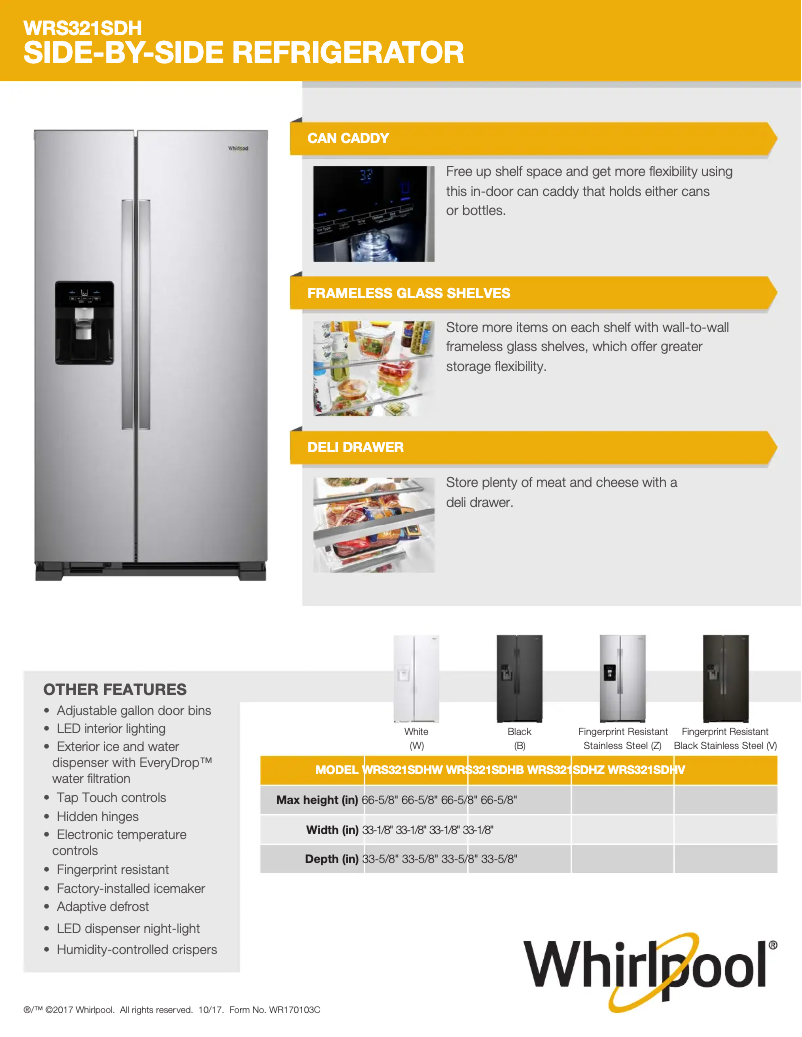 Page 1 de la notice Fiche technique Whirlpool WRS321SDHW