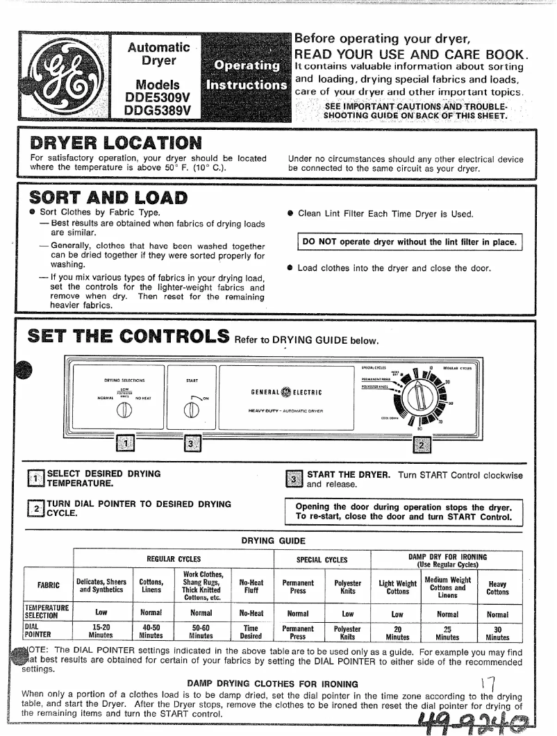 Page 1 of the manual User Manual GE DDE5309V