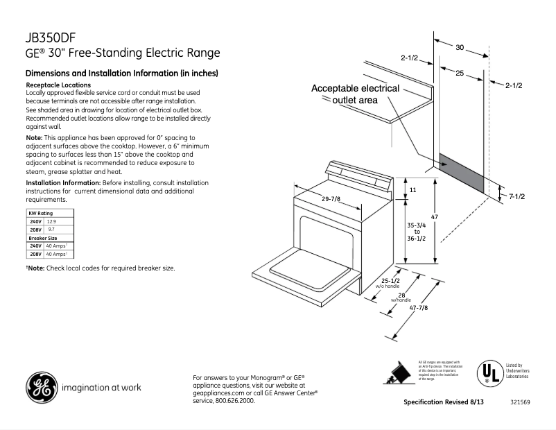 Page 1 de la notice Fiche technique GE JB350DFBB