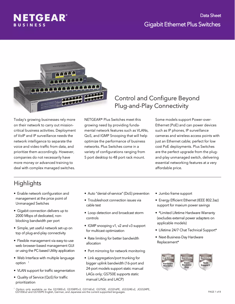 Page 1 de la notice Fiche technique Netgear JGS524Ev2