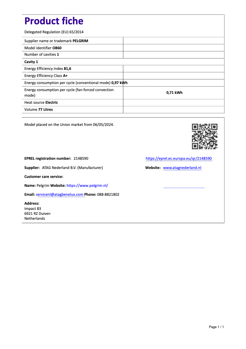 Page 1 de la notice Fiche technique Pelgrim O860